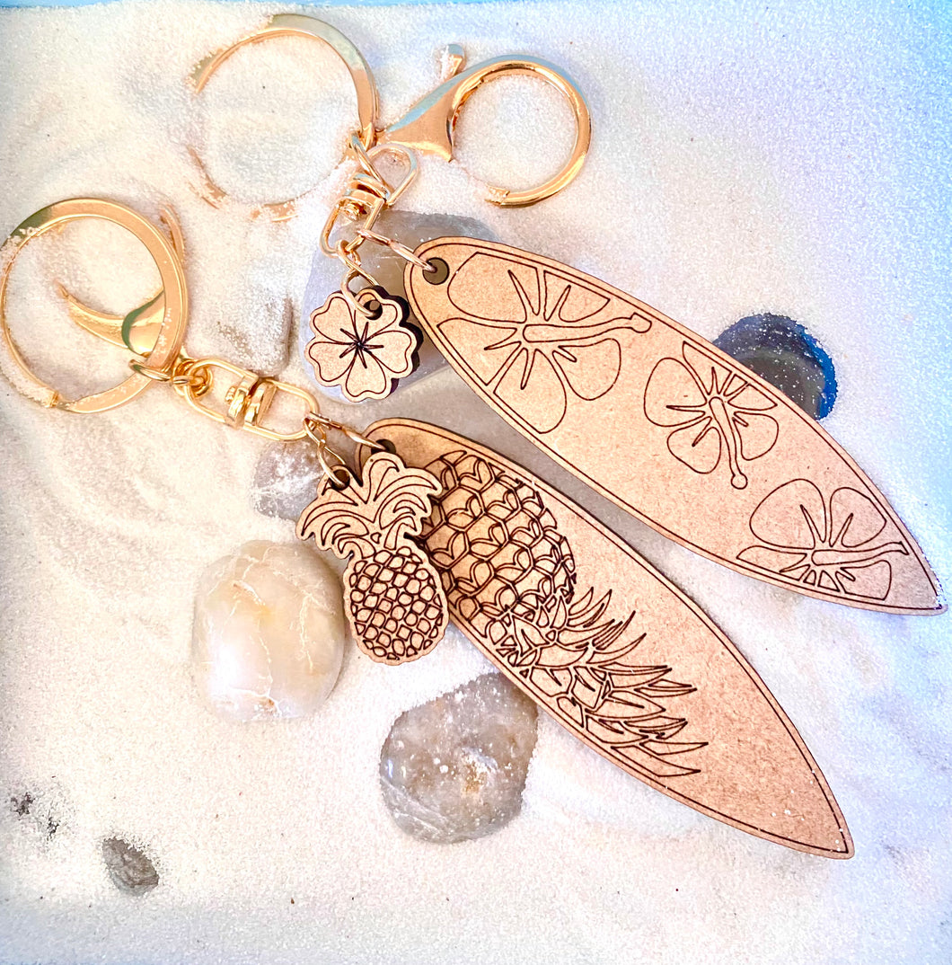 Engraved Wooden Mini Surfboard with Charm Keychain